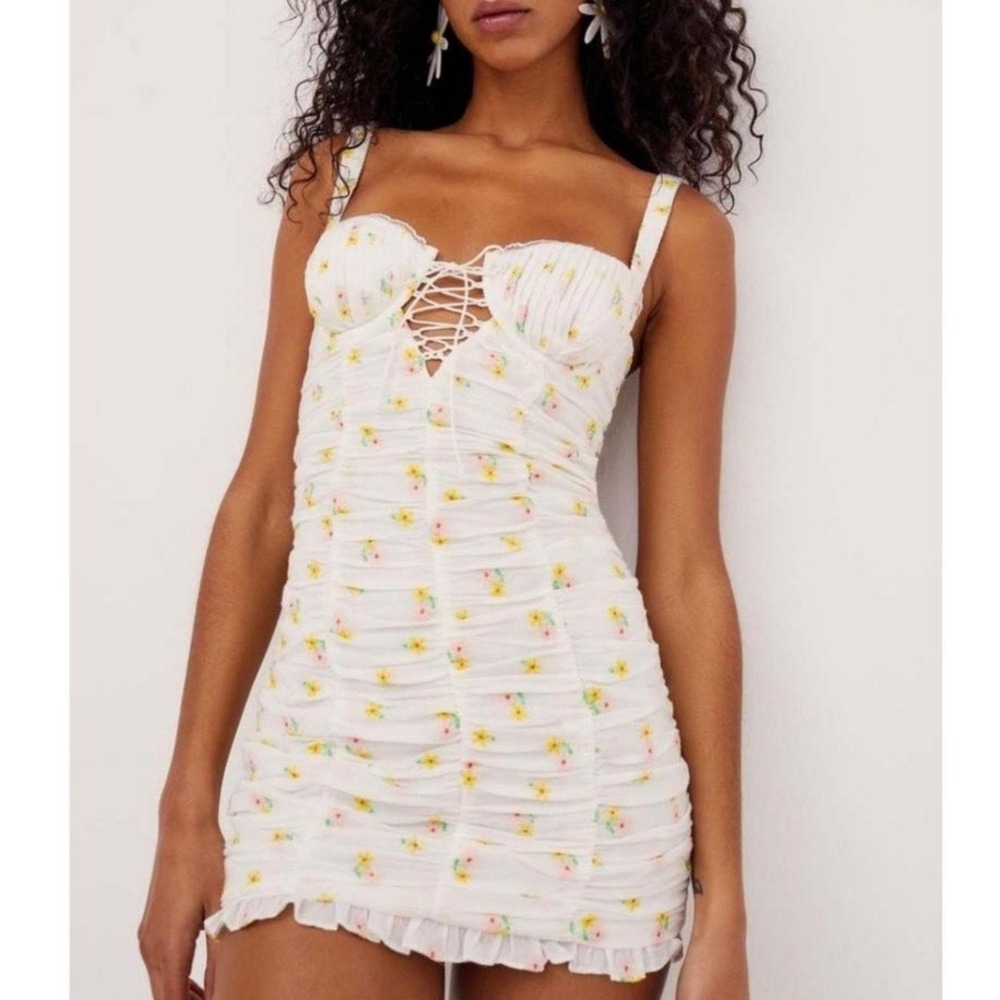 For Love & Lemons Faye Ruched Floral Mini Dress White Yellow Pink NWT XS